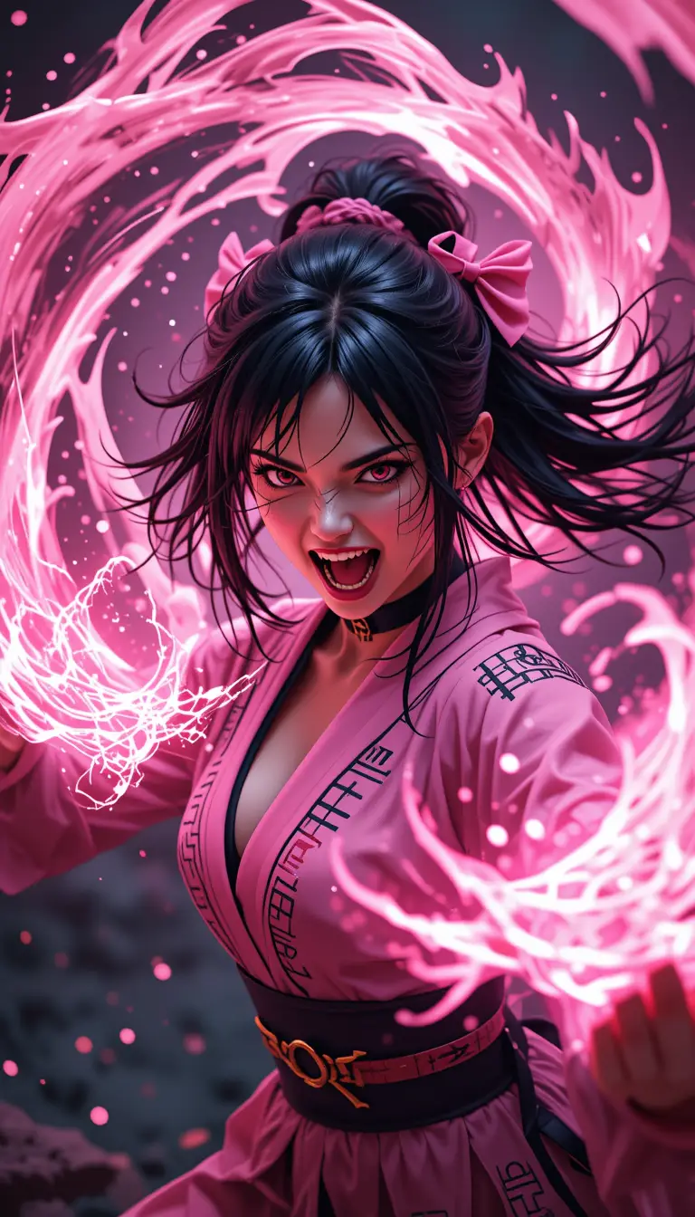 Demon anime girl unleashing glowing pink flame attack