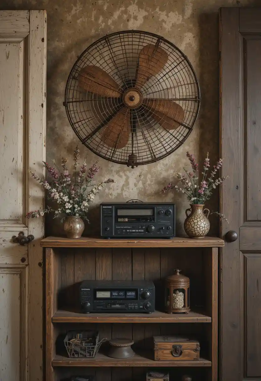 Vintage still life shelf with retro radio and fan