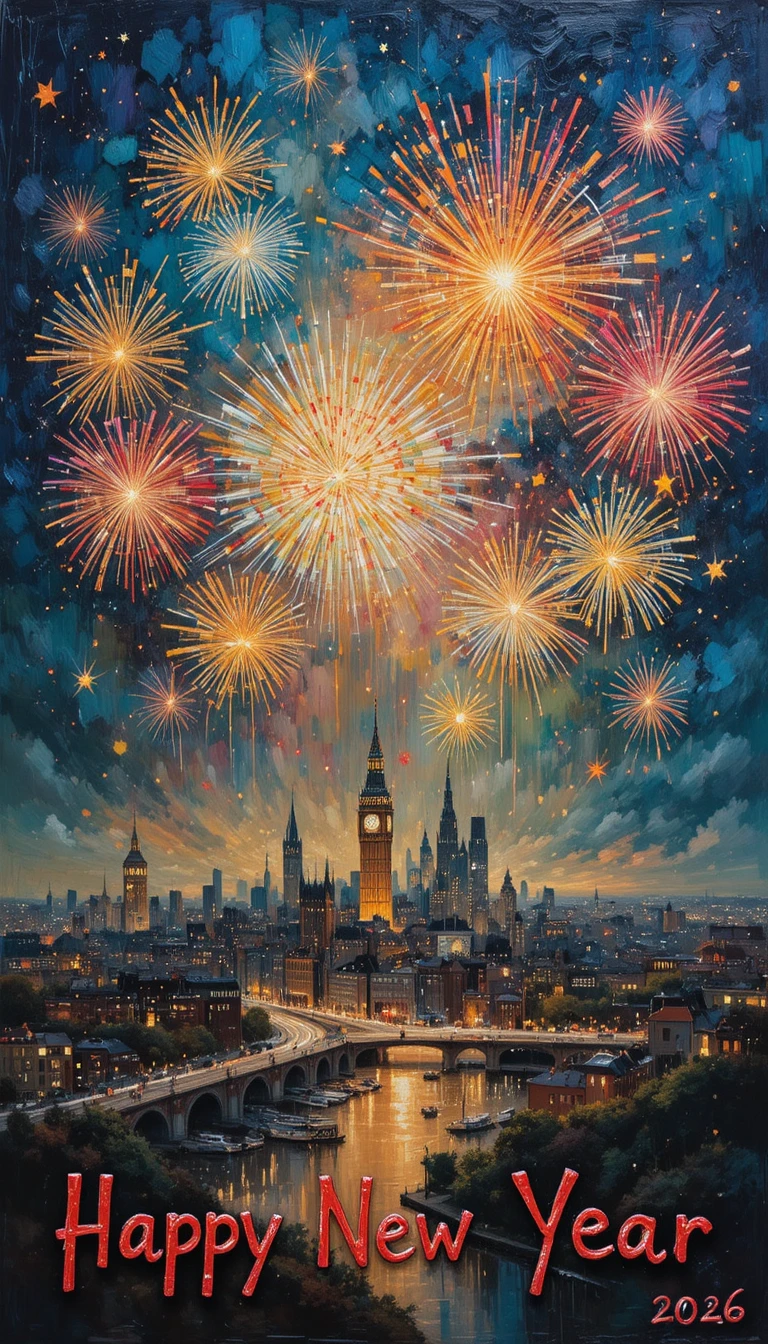 Colorful fireworks over a glowing city with new year text