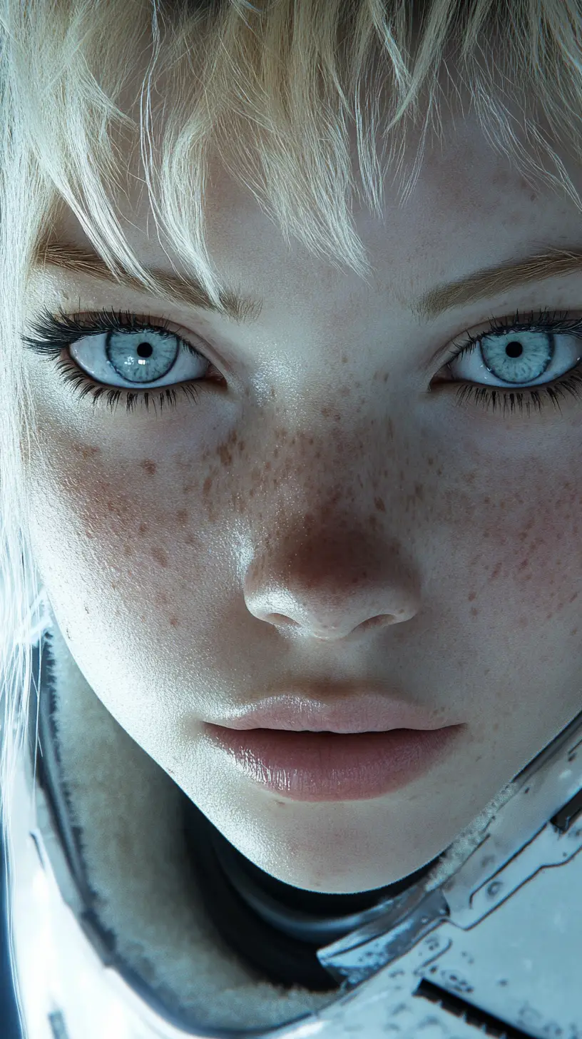 Close up of ash blonde woman with black eyes in Antarctica