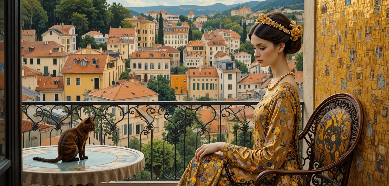 Femme élégante aux motifs dorés sur une terrasse ensoleillée