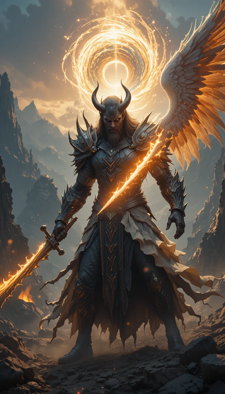 Demon warrior battling radiant angel in fantasy sky