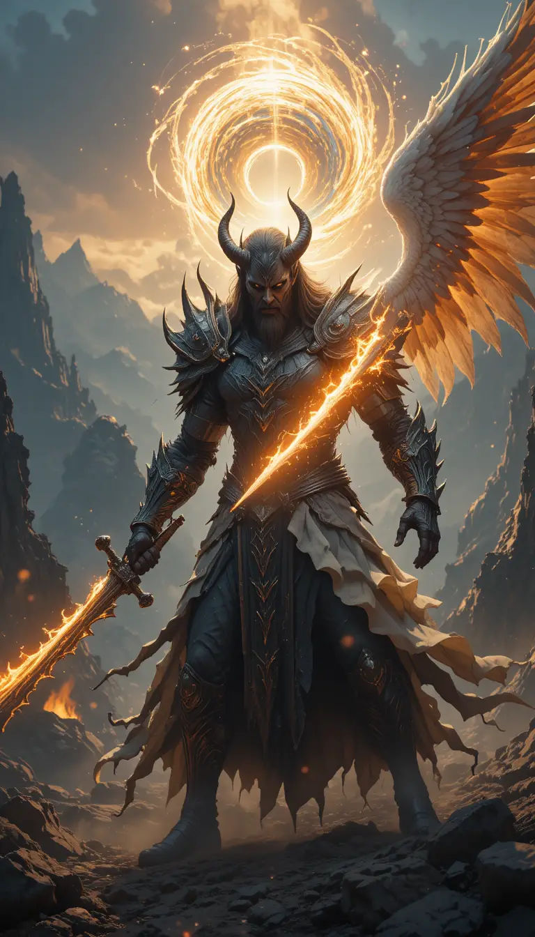 Demon warrior battling radiant angel in fantasy sky
