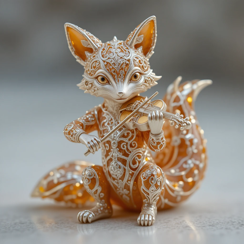 Miniature fox figurine delicately playing a violin in white and gold