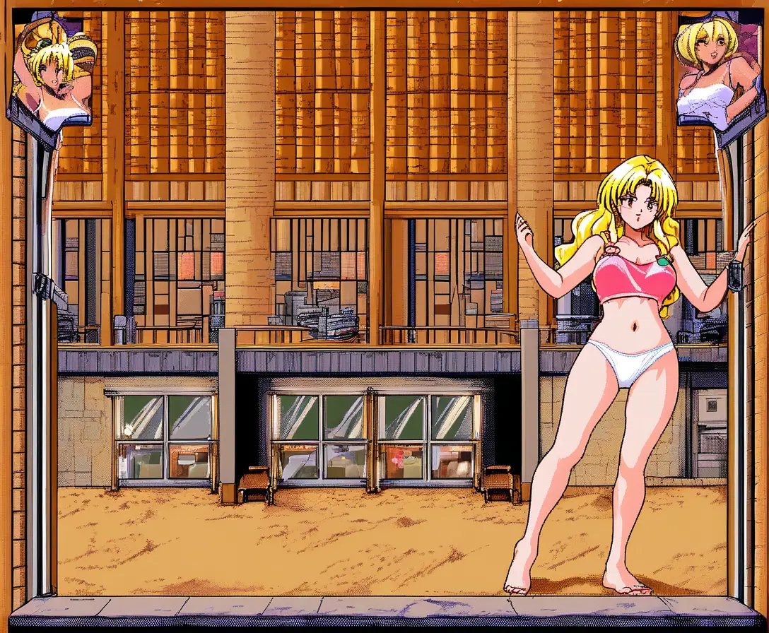 Garota de anime atrevida posando na tela de jogo de café na praia