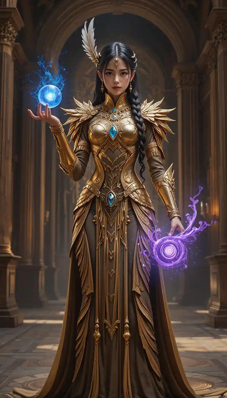 Golden armored sorceress in a grand palace hall