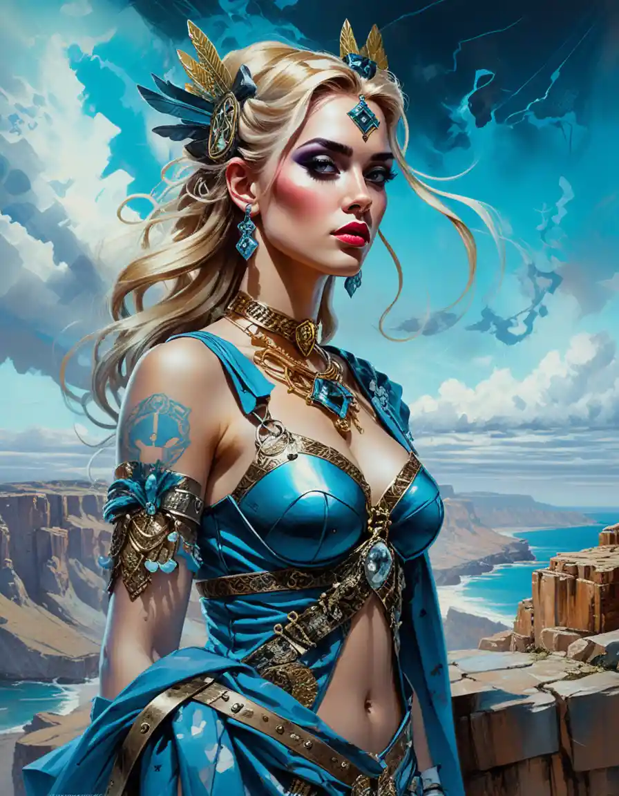 Celtic warrior woman on a cliff at glowing twilight