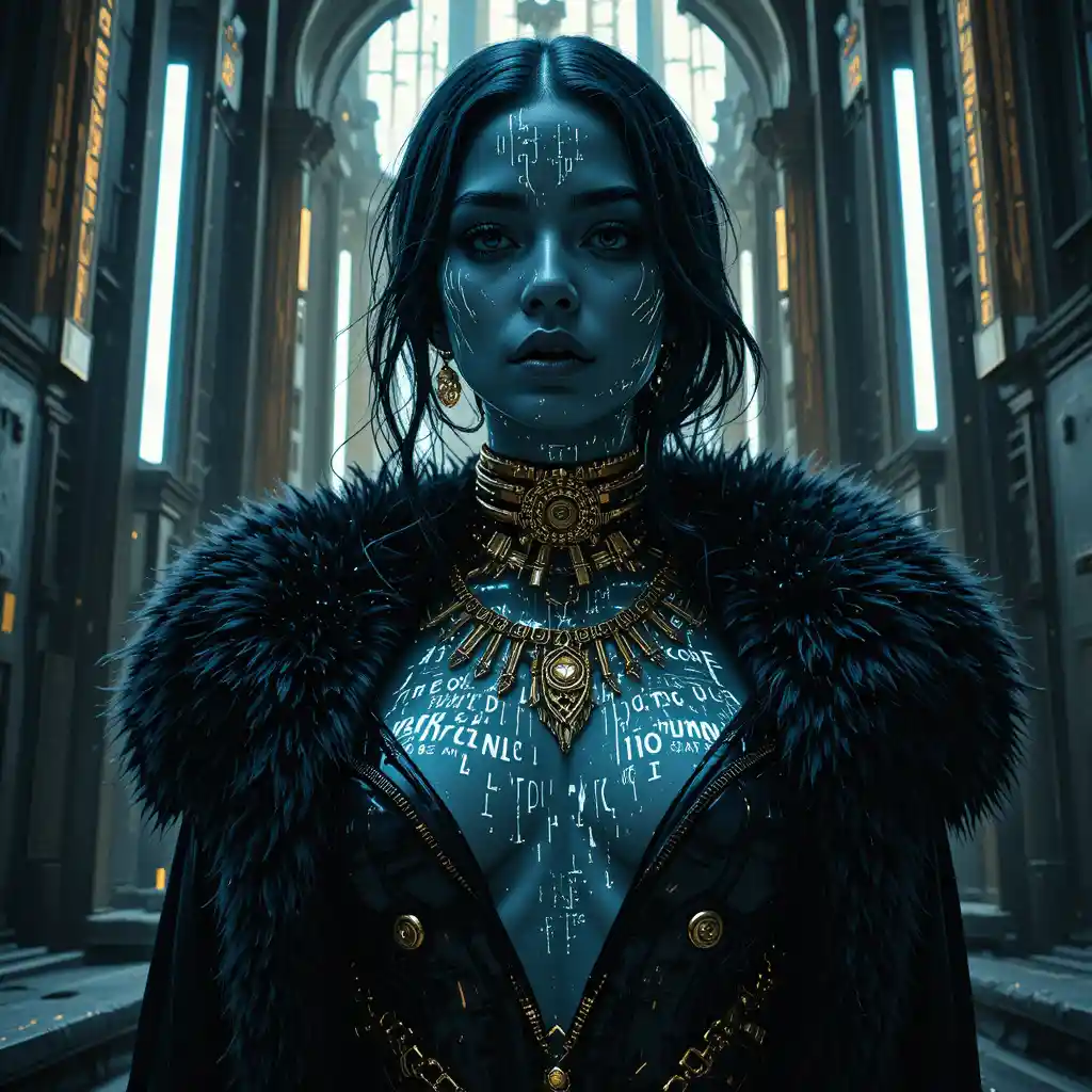 Futuristic heroine portrait with glitch tattoos and fur uniform