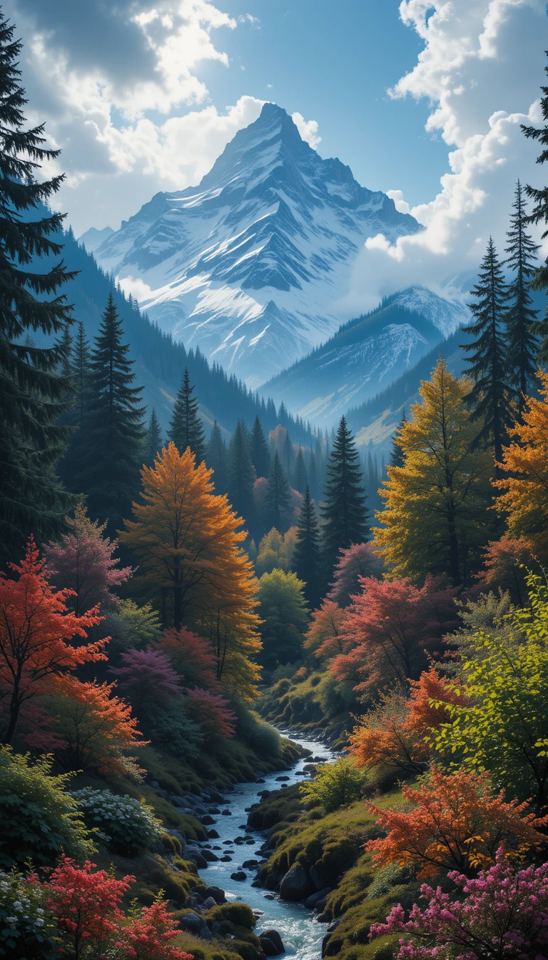 Hidden forest valley with trees flowers and seasons
