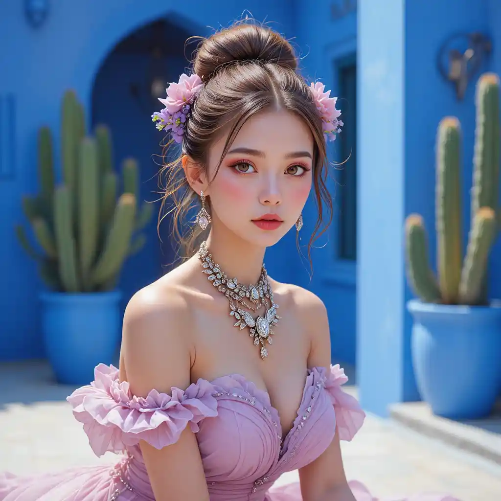Femme éthérée en robe florale assise dans une cour bleue