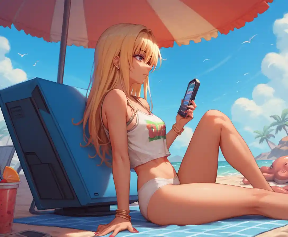 Anime girl in profile at a beach cafe pixel scene