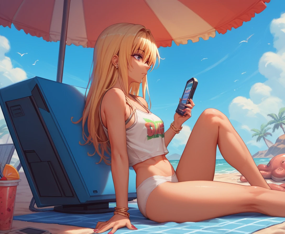 Anime girl in profile at a beach cafe pixel scene