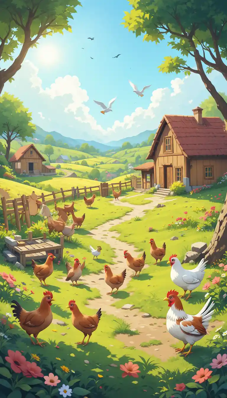 Cheerful Cartoon Village With Farm Animals In Soft Sunlight