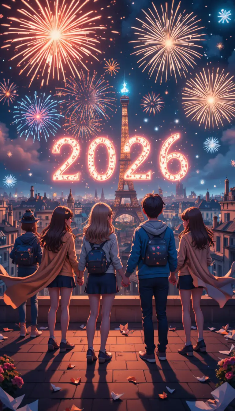 Friends watching fireworks over a stylized Paris rooftop