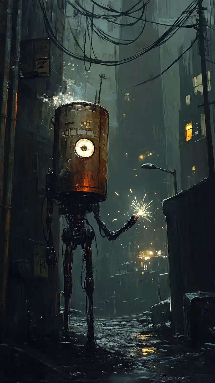 Lonely robot with drum in post apocalyptic junkyard night