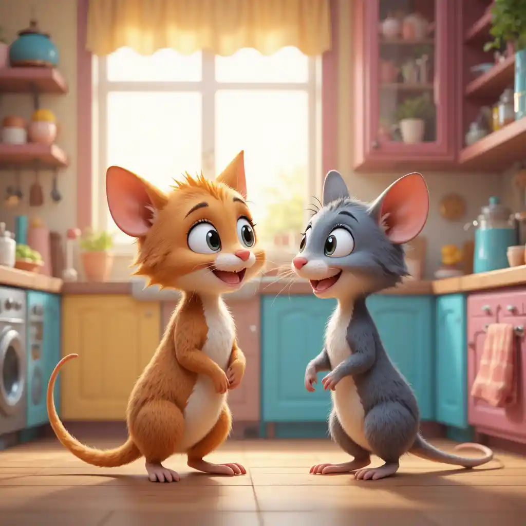 Cute 3D cartoon cat and rat in a colorful kitchen