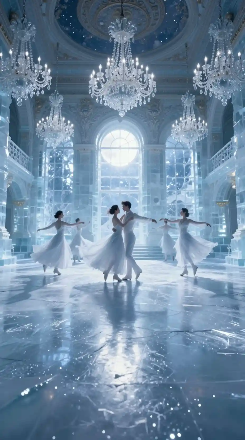 Moonlit ice ballroom with shimmering phantom dancers