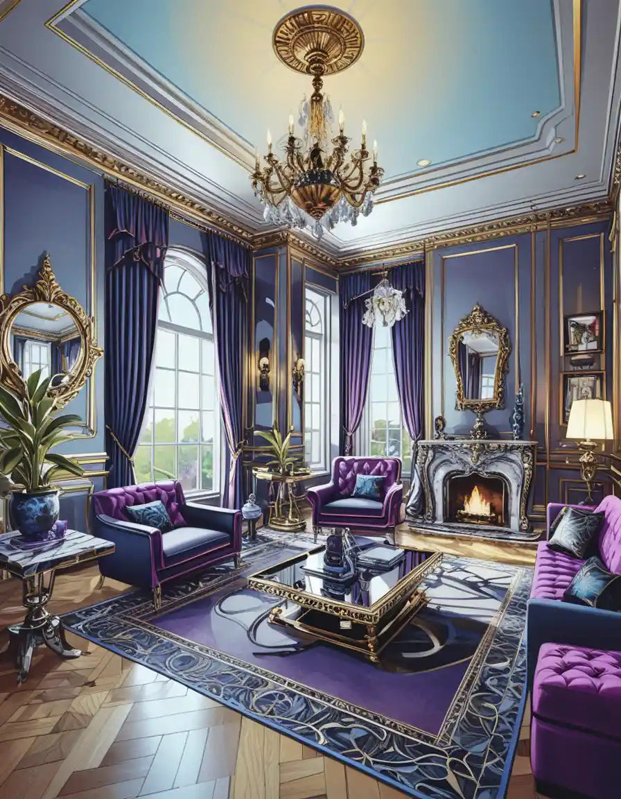 Moody jewel toned luxury living room interior illustration