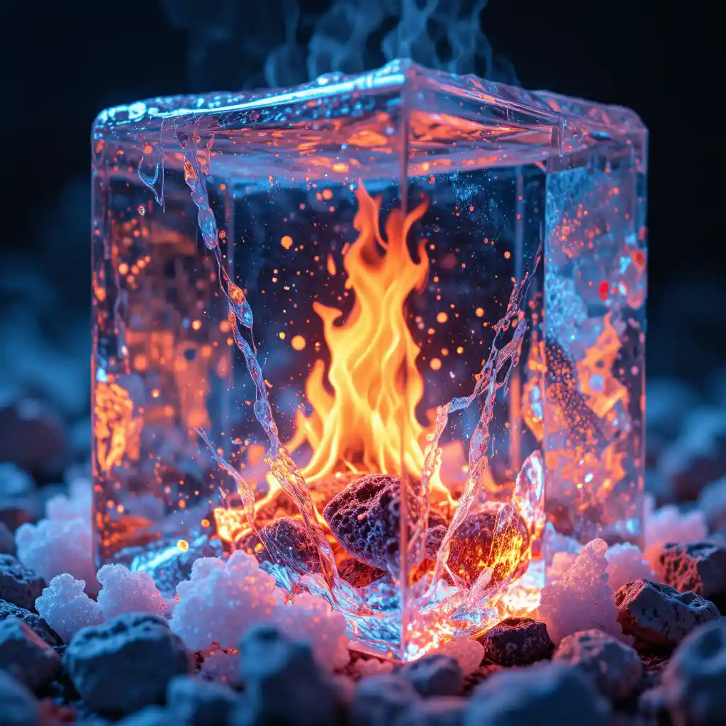 Flamme néon lumineuse piégée dans un cube de glace transparent