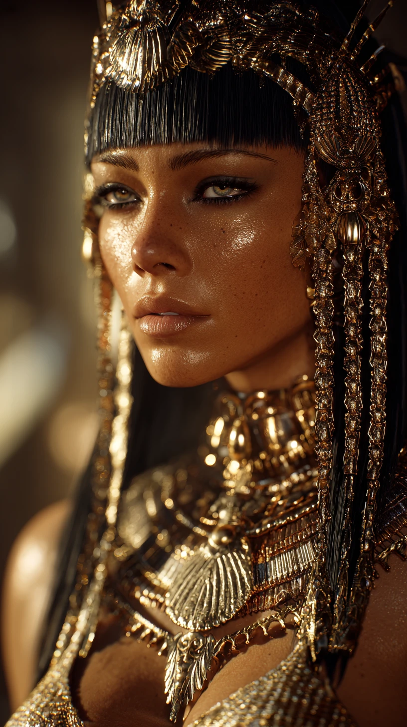 Regal Egyptian pharaoh woman in golden crown close up