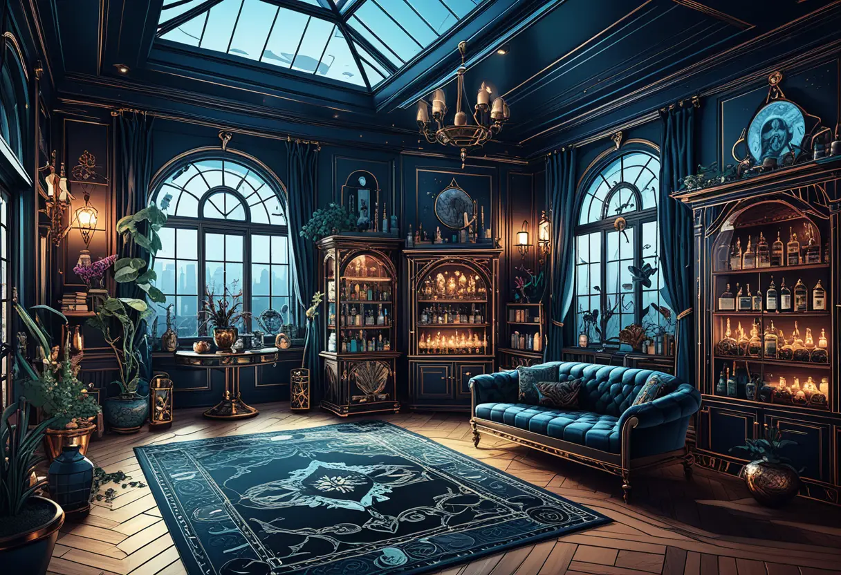 Luxurious solarium apothecary interior in dark jewel tones