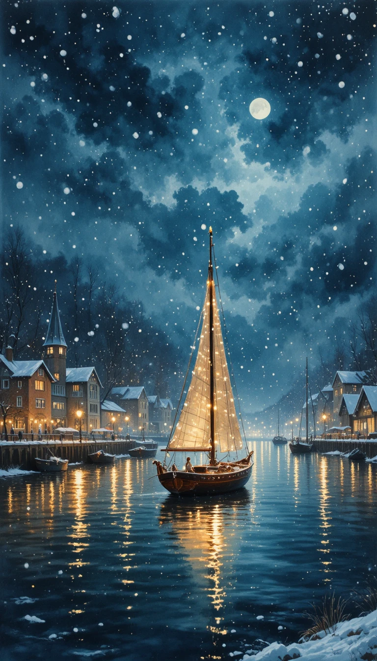 Verschneiter Ferienhafen mit leuchtendem Segelboot in der Nacht