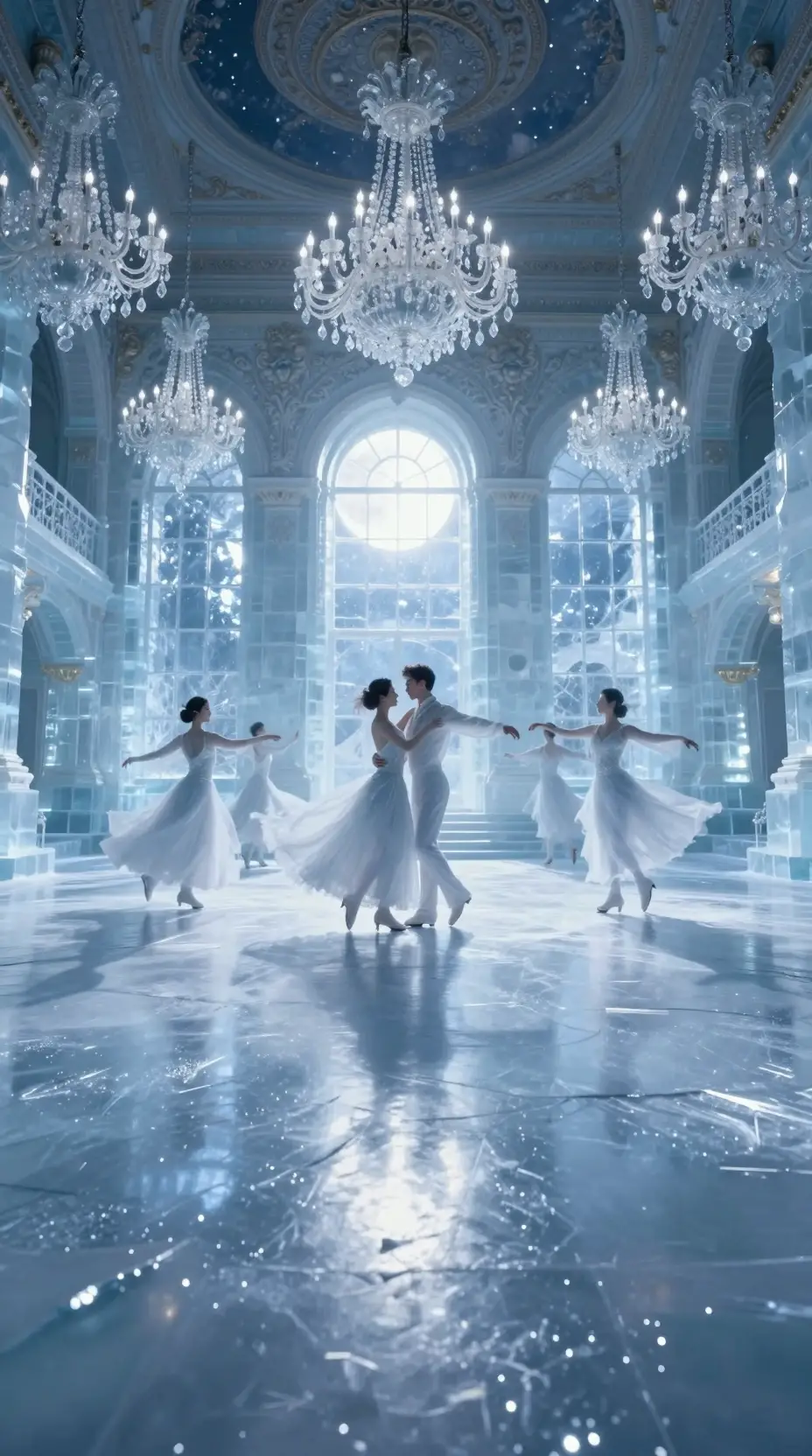 Moonlit ice ballroom with shimmering phantom dancers