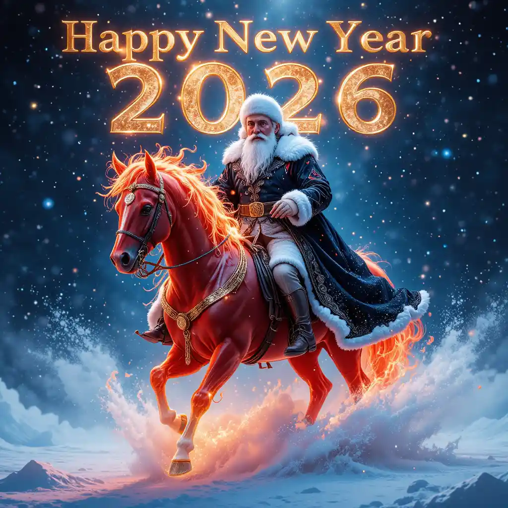 Grandfather Frost riding a fiery red horse in blizzard