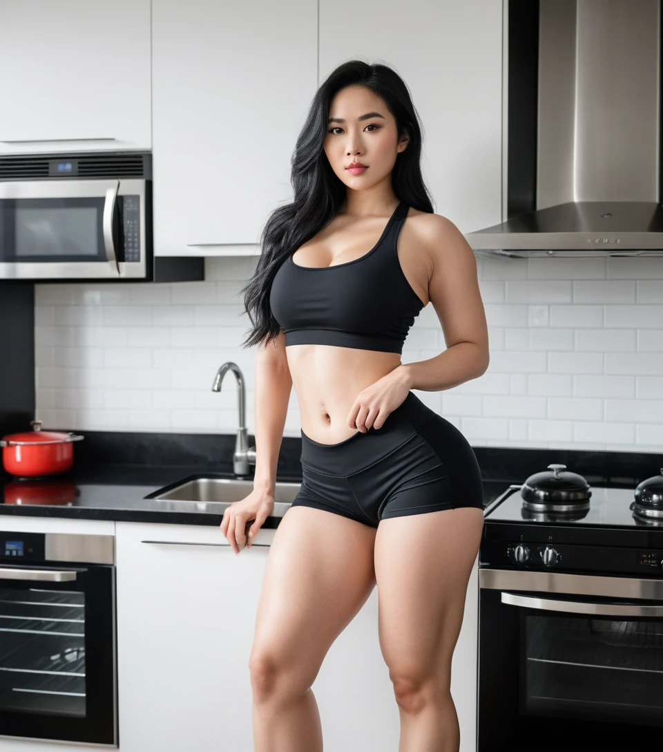 Mujer vietnamita atlética con ropa deportiva en cocina moderna