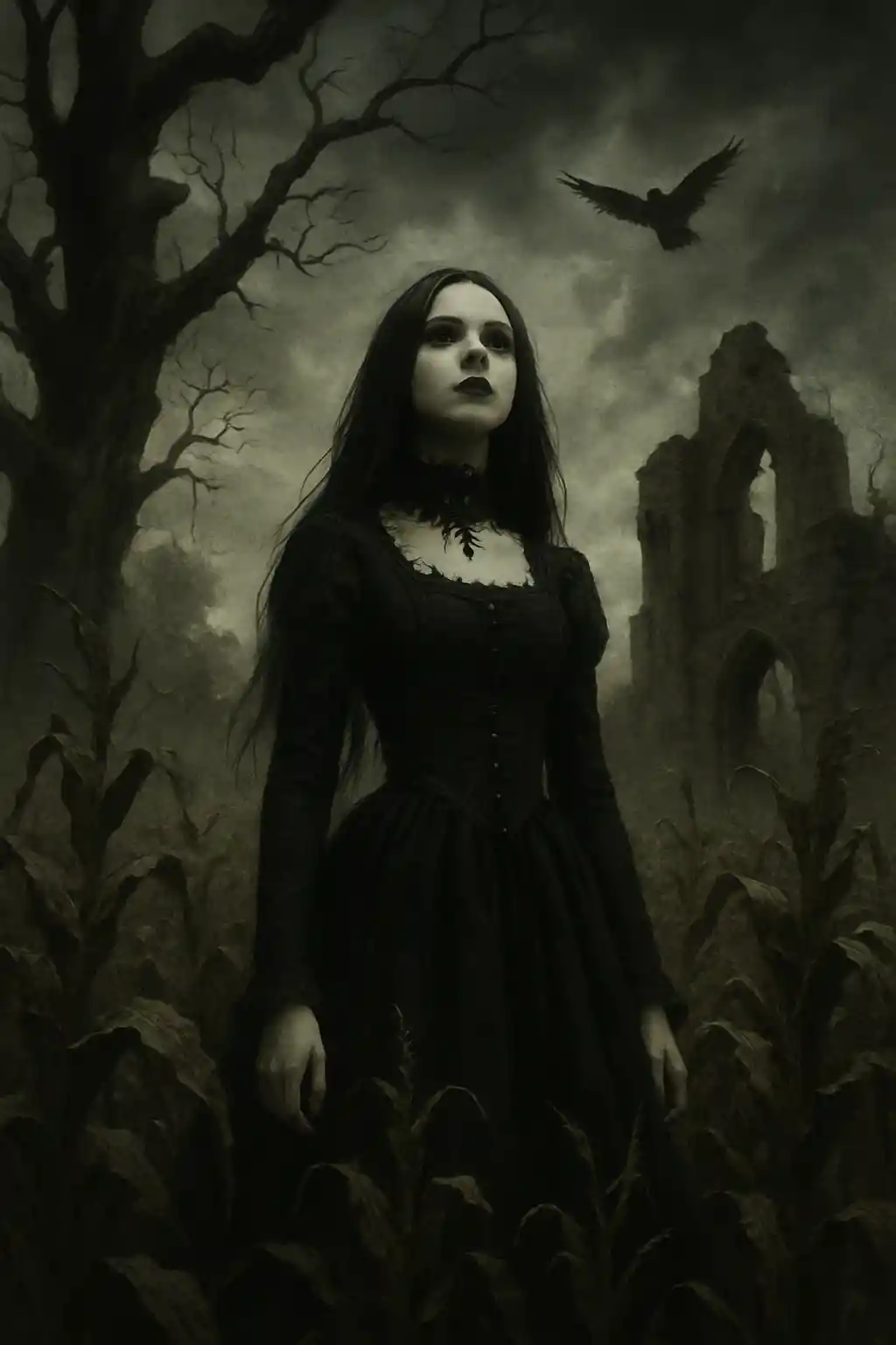 Gothic woman standing in a wild cornfield under stormy sky