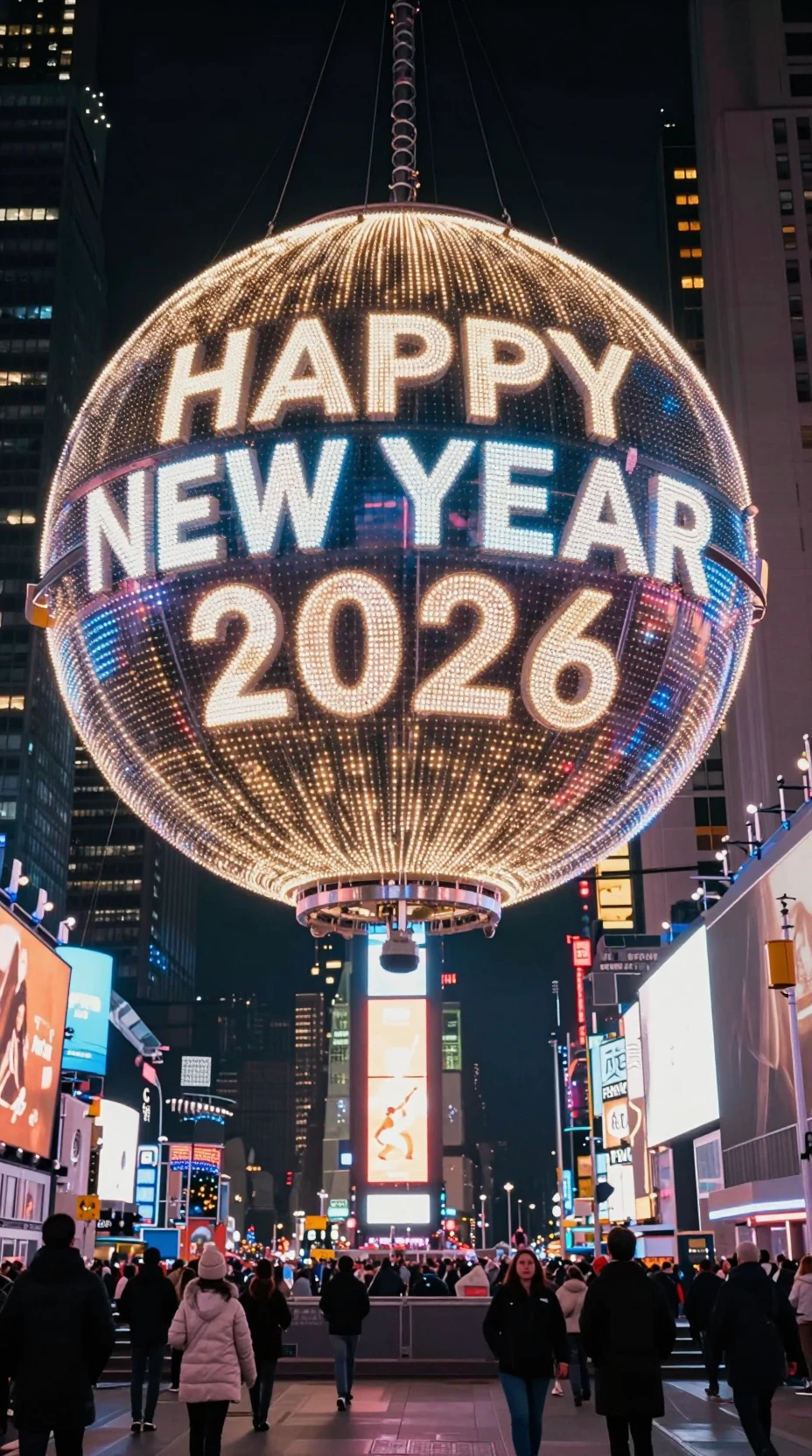 Dreamy city square with glowing New Year 2026 lights