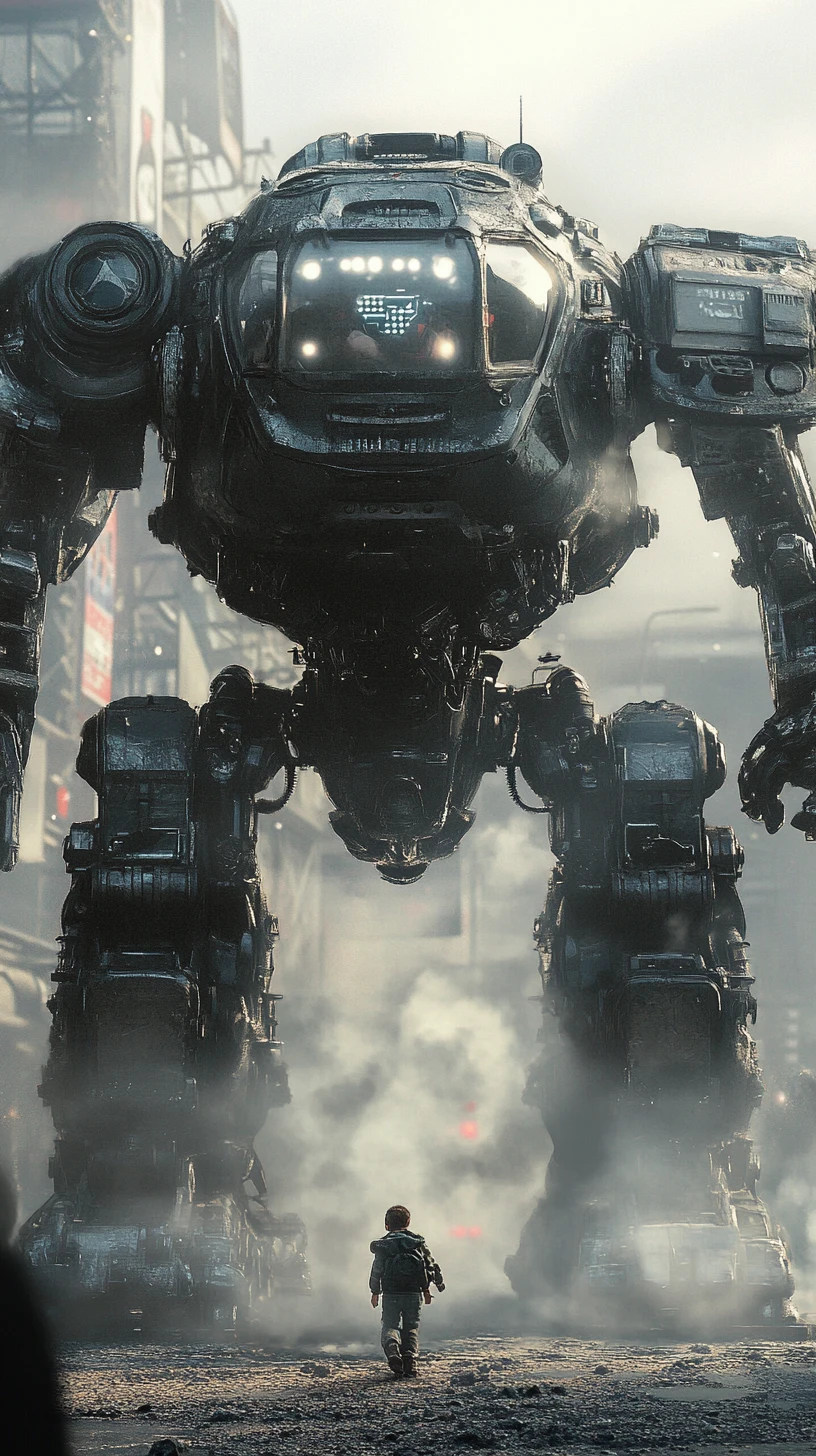 Giant mech taking a powerful first step on sci fi platform