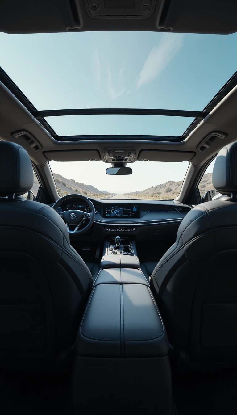 Cinematic wide shot of a modern luxury car interior