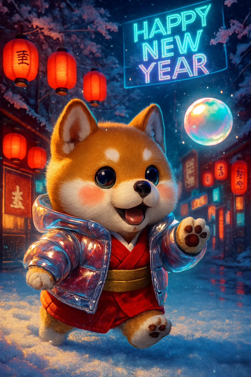 Cachorro Chibi Shiba Inu con Kimono de Invierno en Calle Nevada