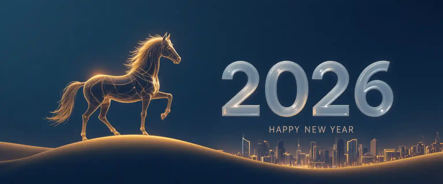 Minimalist galloping horse above a distant Taipei cityscape