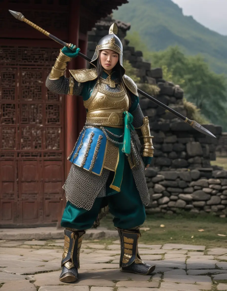 Mongolian warrior girl standing with spear in ancient palace