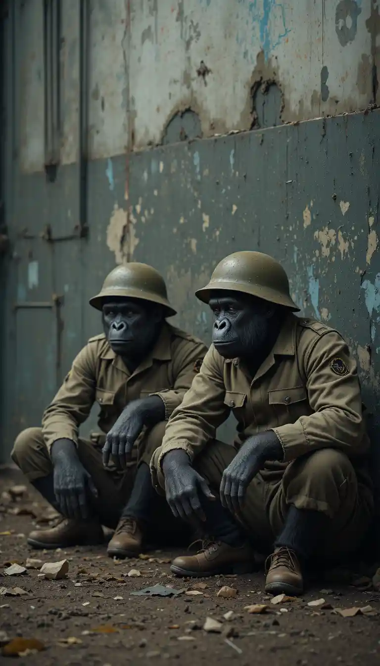 Zwei Gorillas in Vintage-Militäruniformen lehnen sich an eine Wand