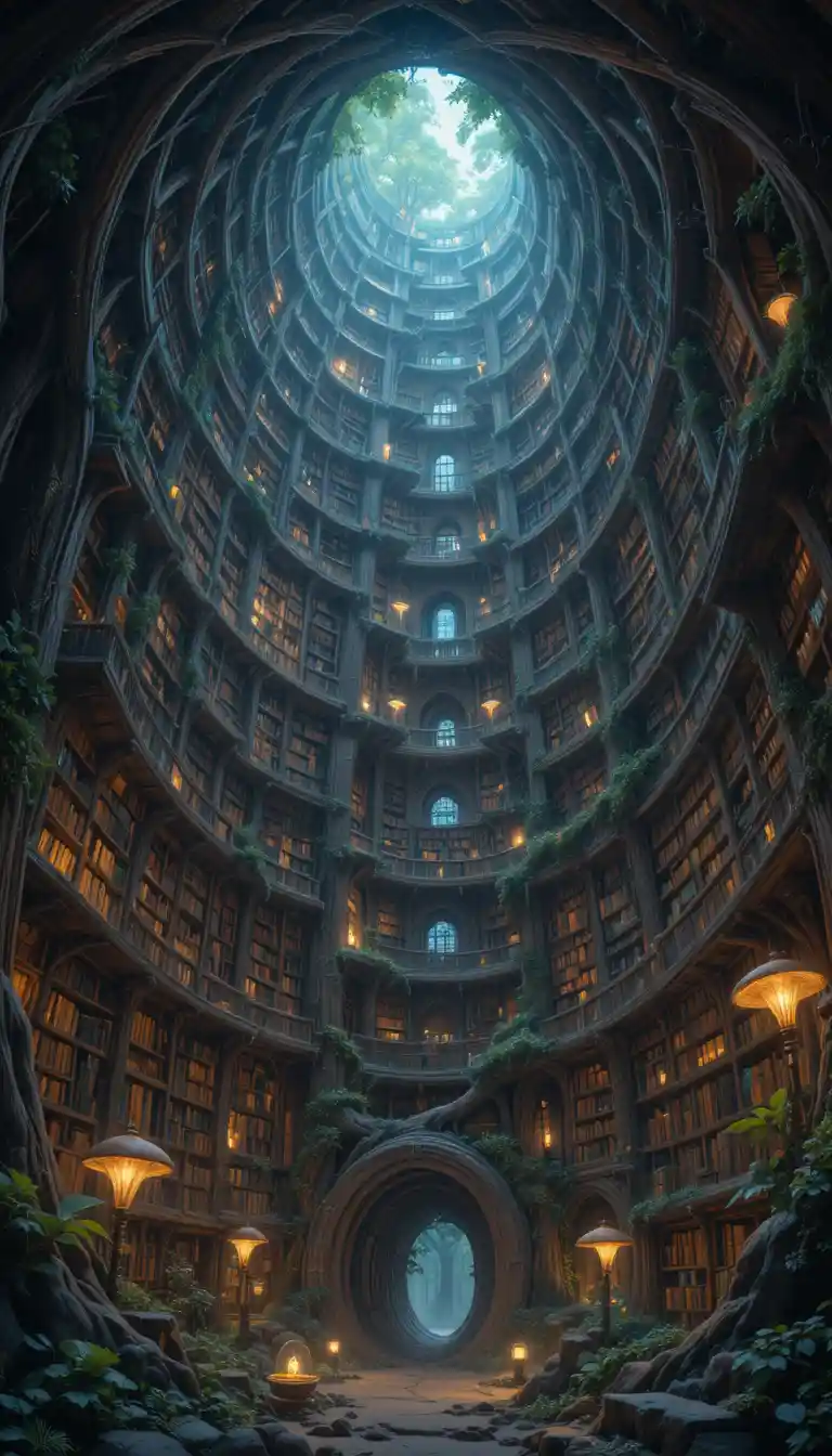 Bibliothèque dans un arbre ancien aux étagères en spirale et à la lumière magique