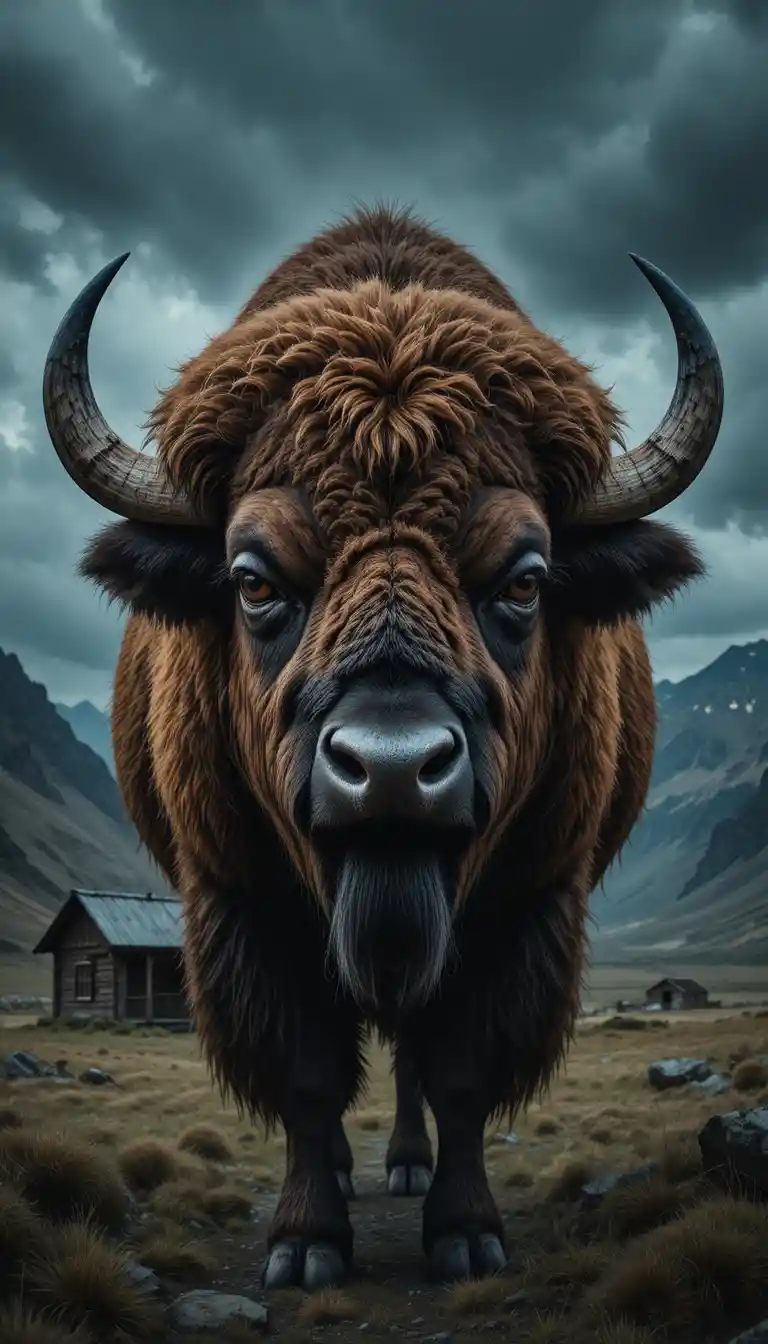 Bedrohlicher Bison unter stürmischem Himmel in rauer Wildnis