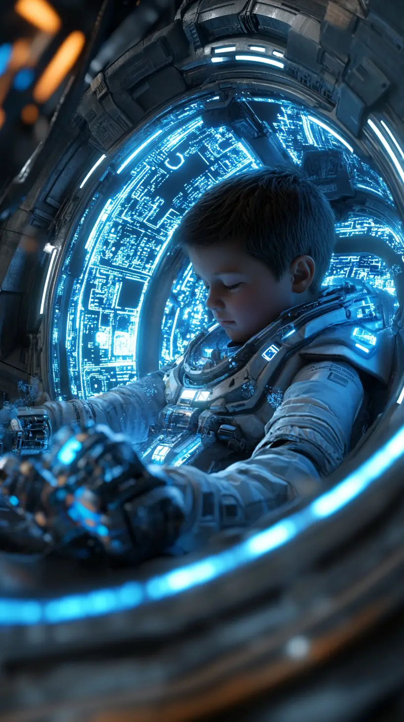 Child pilot in futuristic mech cockpit with holographic hud