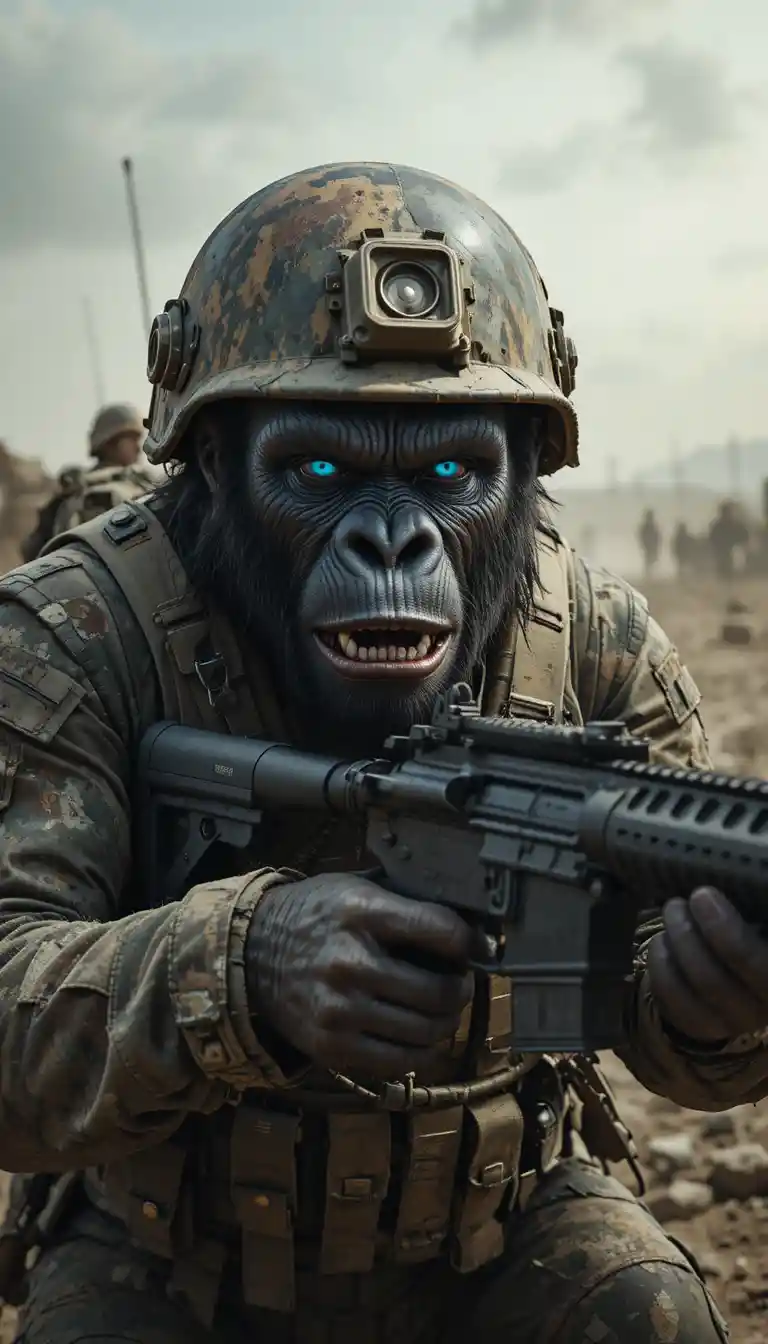 Gorilla soldato armato con occhi blu su campo di battaglia brutale