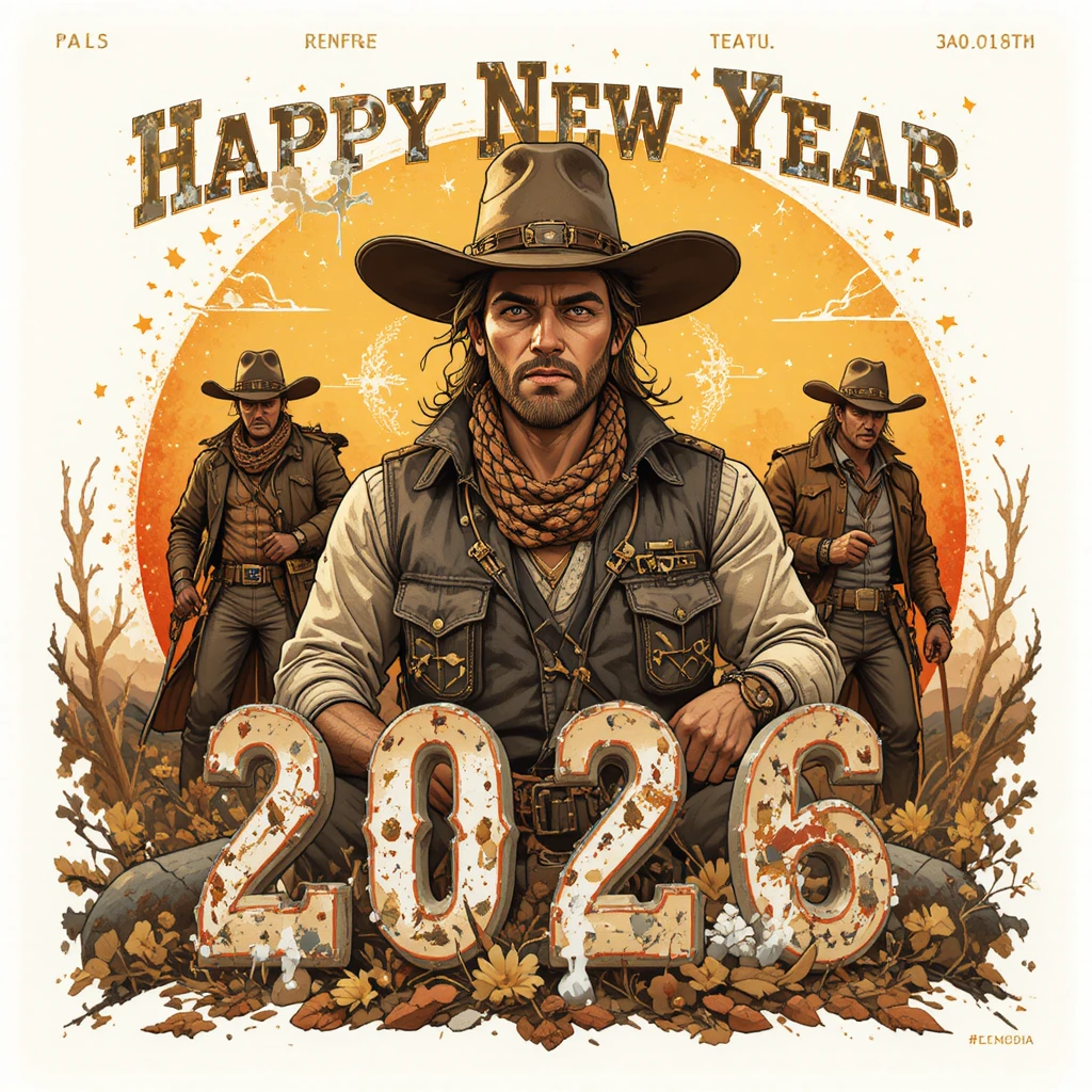 Country style Happy New Year 2026 western greeting card