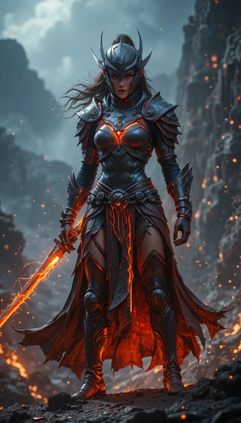 Fierce female warrior in obsidian armor on a cliff