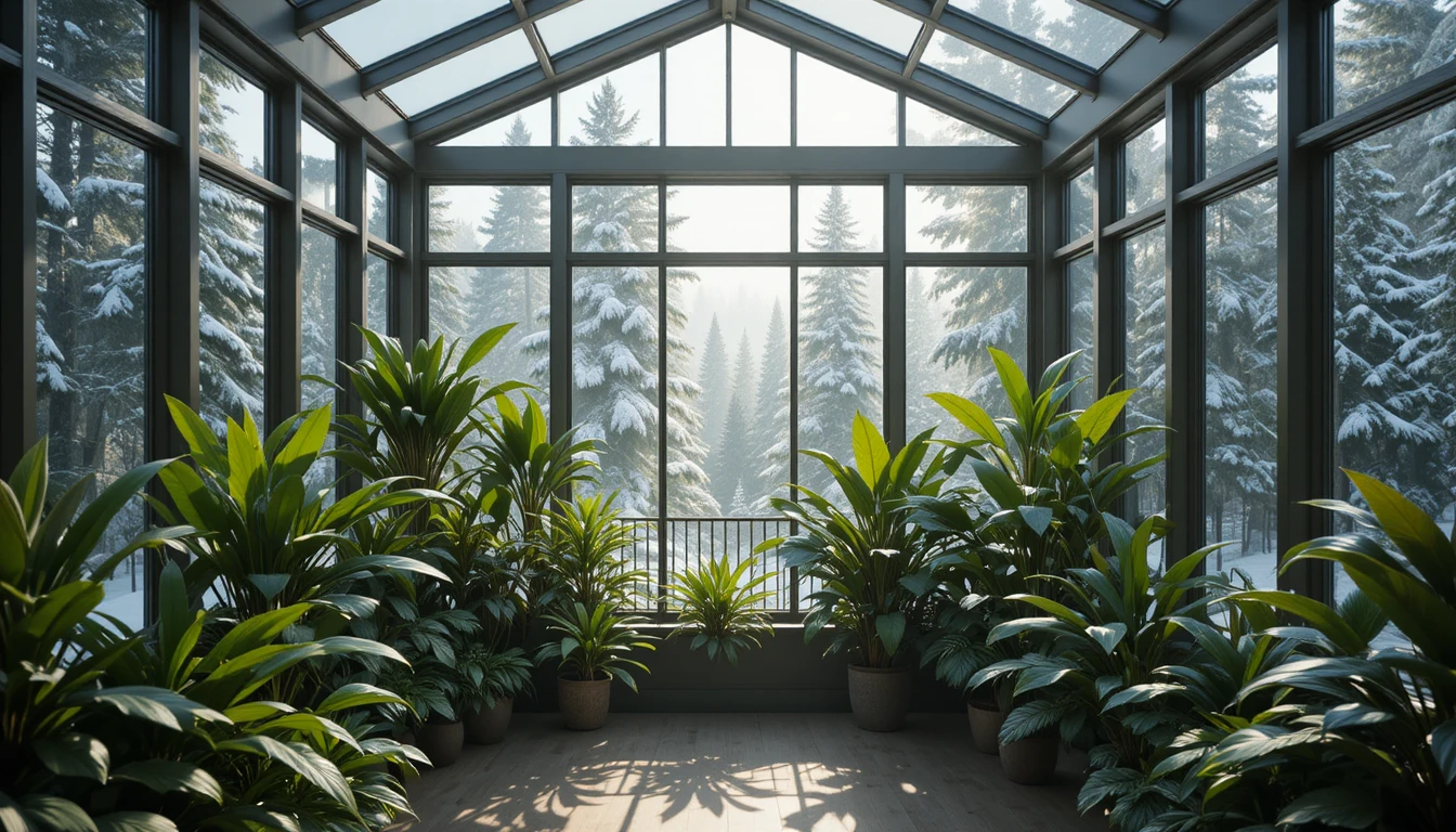Modern glass sunroom with tropical plants and snowy forest view