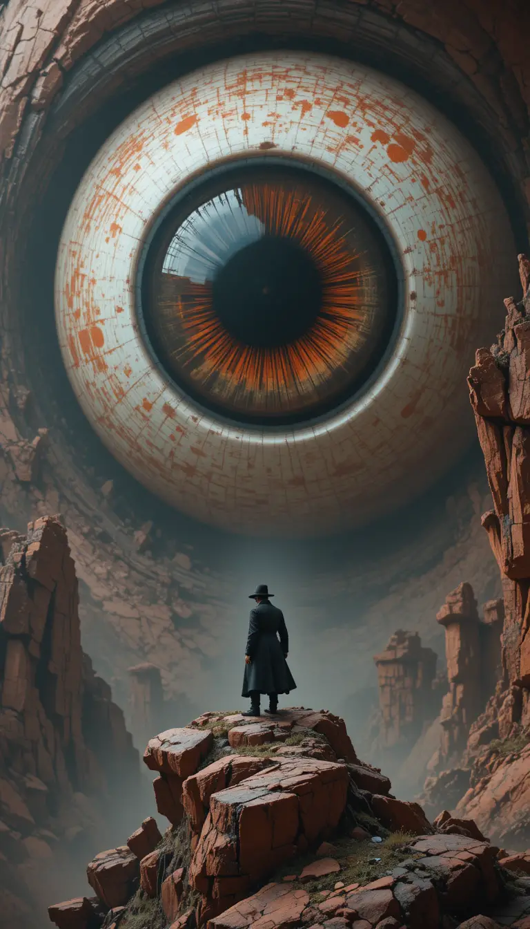 Giant Red Eyeball Watching A Lone Figure On Rocky Cliffs