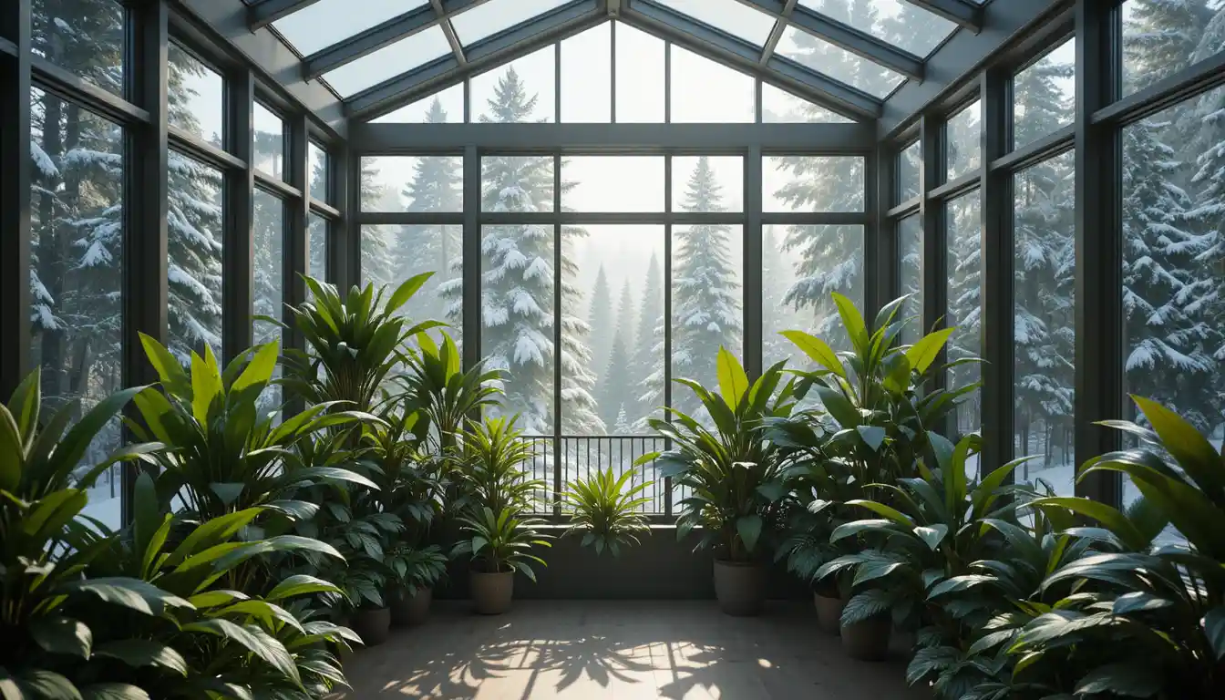 Modern glass sunroom with tropical plants and snowy forest view
