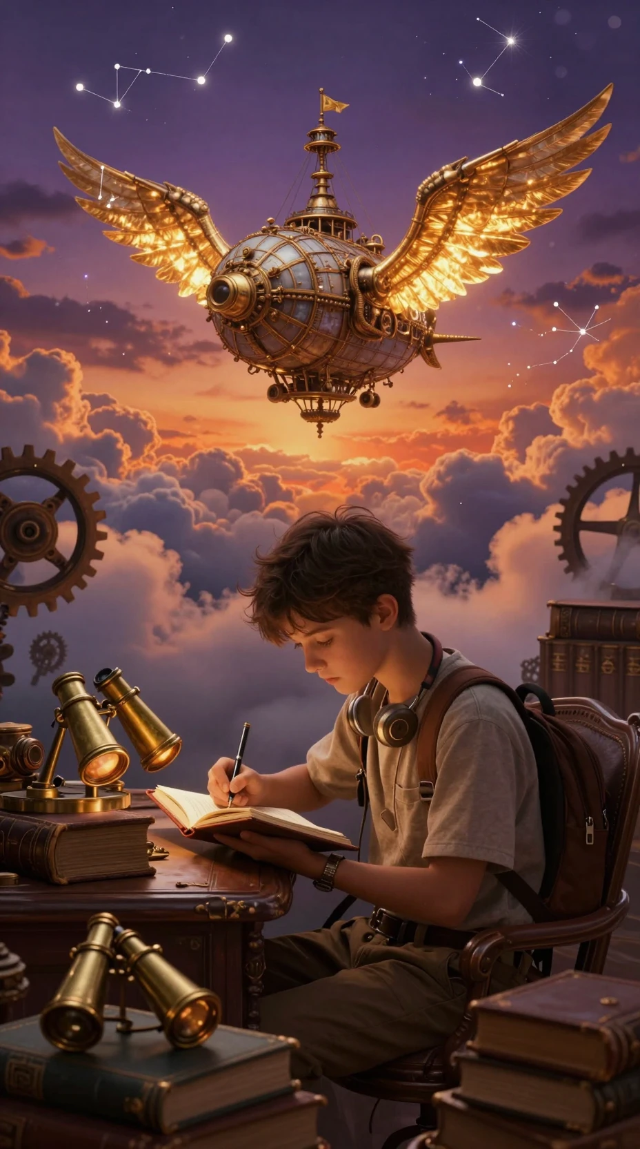 Young explorer writing in a vintage study room
