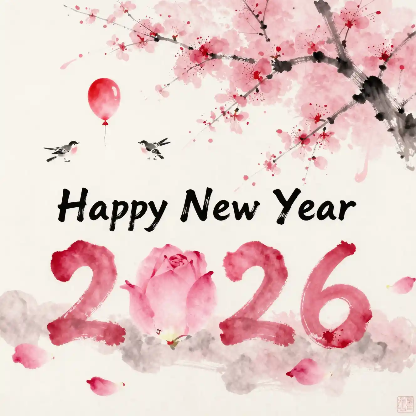 Ink painting of pink flower petals forming new year text