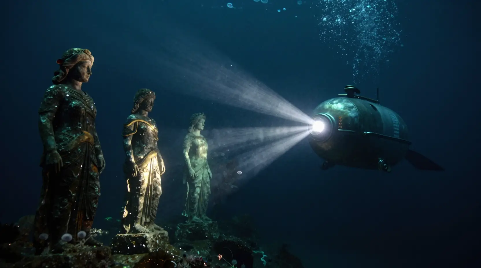 Deep sea submersible lighting ancient statues on the ocean floor