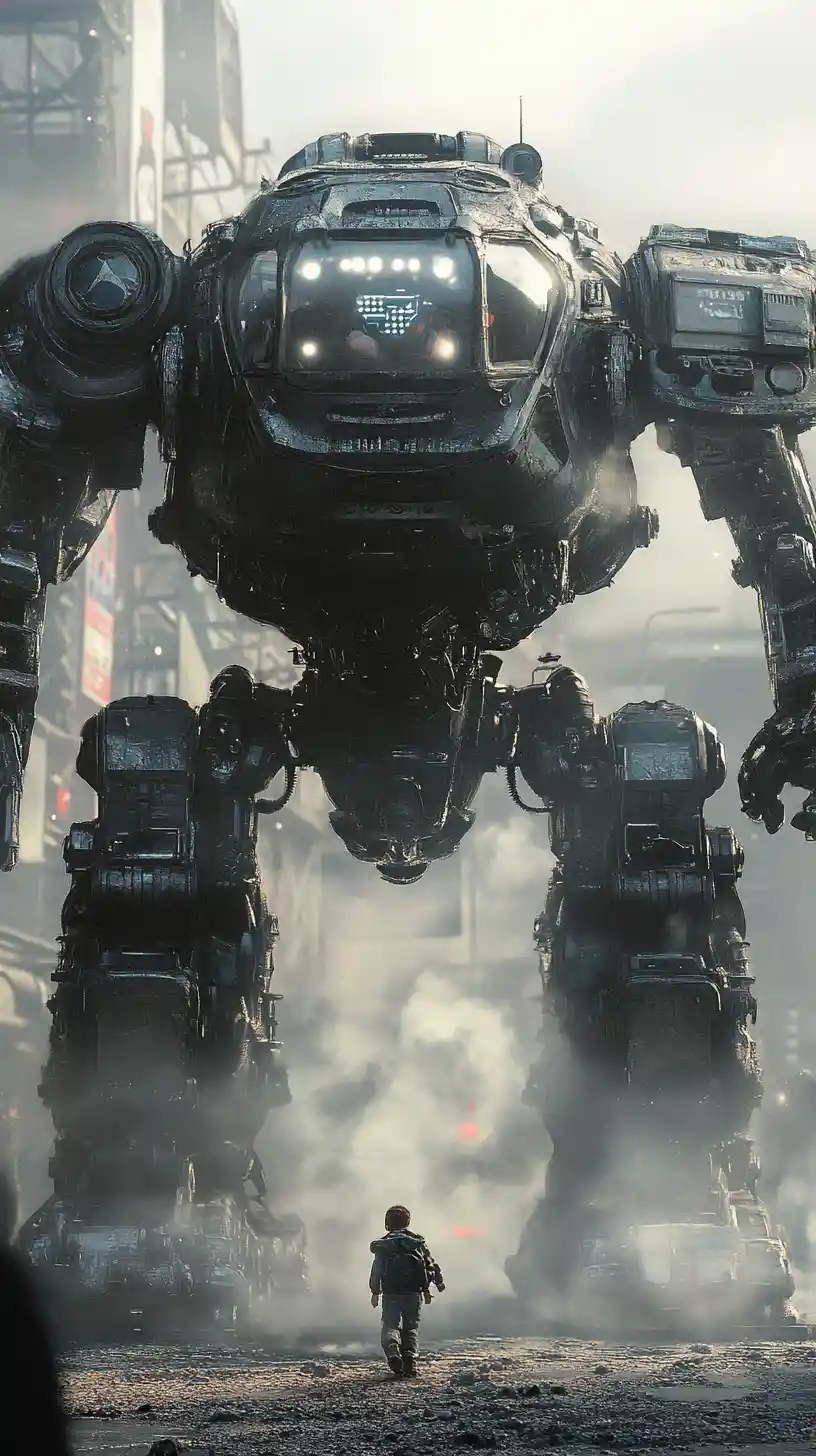 Giant mech taking a powerful first step on sci fi platform